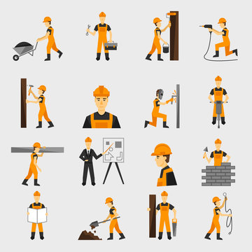 Construction worker icons flat