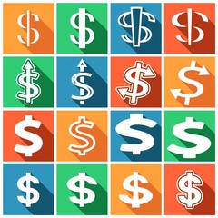 Set of flat colored simple web icons (dollar sign, money, finance, banking), vector illustration