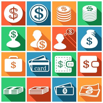 Set of flat colored simple web icons (dollar sign, money, finance, banking), vector illustration