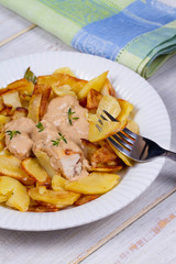 Chicken breasts in mushroom creamy sauce and home fried potatoes