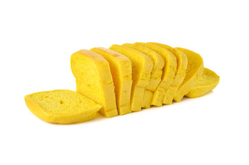 stack of sliced pumpkins bread on white background