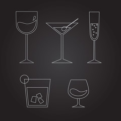 Set of dufferent drinks: wine, martini, champagne, whiskey, cogn