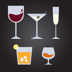 Set of dufferent drinks: wine, martini, champagne, whiskey, cogn