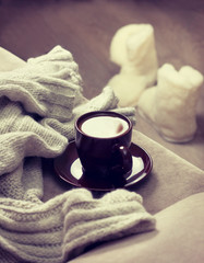 Fototapeta na wymiar Winter cup of coffee (Toning, instagram filter)