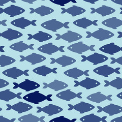 Seamless pattern with fish in blue colors. Vector illustration.