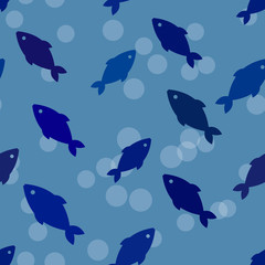 Seamless pattern with fish in blue colors. Vector illustration.