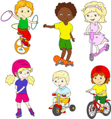 Children riding unicycle, bicycle and scooter, rollerblading and © fir4ik
