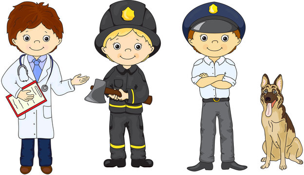 Policeman, fireman and doctor in their uniform