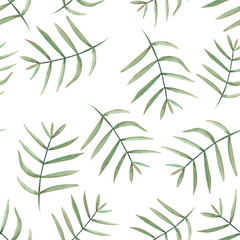 Naklejka premium Seamless floral pattern with branches with green leaves painted in watercolor on a white background