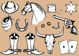 Eelements for cowboy life.Vector silhouettes