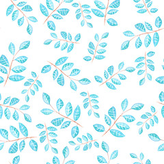 Fototapeta na wymiar Seamless floral pattern with bright blue leaves on the branches painted in watercolor on a white background