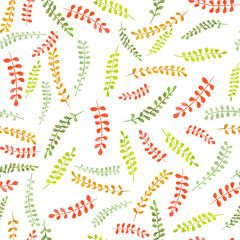Seamless floral pattern with bright colorful leaves on the branches painted in watercolor on a white background