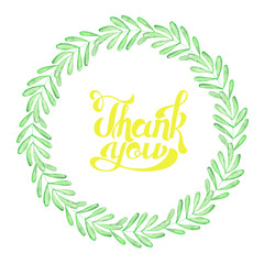 Circle frame, wreath of branches with green leaves painted in watercolor on a white background, greeting card, decoration postcard or invitation