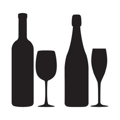 Illustration of siluettes of bottles and glasses of wine and sha