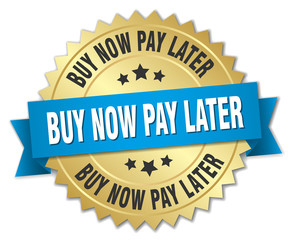 buy now pay later 3d gold badge with blue ribbon