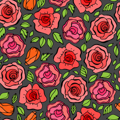 Seamless pattern with leafs and red roses in vintage style. Vect