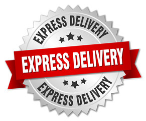 express delivery 3d silver badge with red ribbon