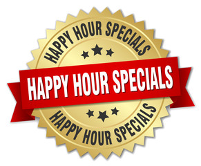 Obraz premium happy hour specials 3d gold badge with red ribbon