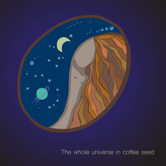 Girl and universe in a coffee seed with text 