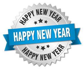 happy new year 3d silver badge with blue ribbon