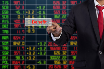 Businessman pressing button on touch screen interface and select