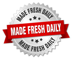 made fresh daily 3d silver badge with red ribbon