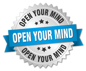 open your mind 3d silver badge with blue ribbon