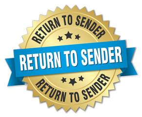 return to sender 3d gold badge with blue ribbon