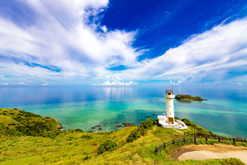 Sea, lighthouse, landscape. Okinawa, Japan, Asia. - obrazy, fototapety, plakaty