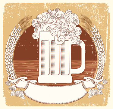 Beer symbol.Vector vintage graphic  Illustration of glass with g