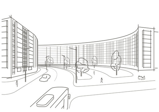 Linear architectural sketch town square