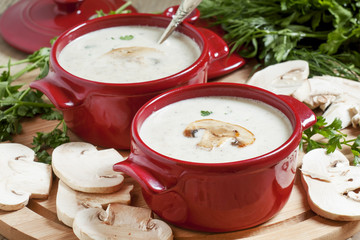 Creamy mushroom soup with mushrooms, selective focus