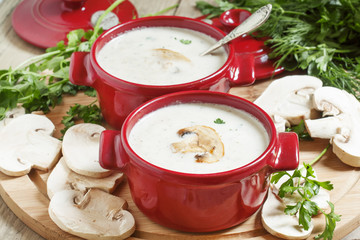 Creamy mushroom soup with mushrooms, selective focus