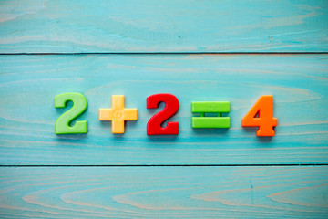 Mathematical addition on a wooden surface