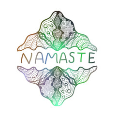 Hand drawn zentangle logo on blurred background. Namaste. 