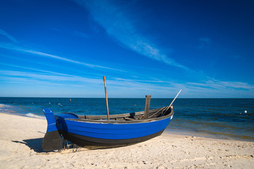 Plakat Fischerboote am Strand von Usedom an der Ostsee