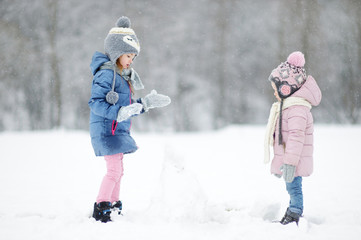 Two funny adorable little sisters in winter park