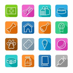 Icons, animal care, white outline, coloured background with shadow. 