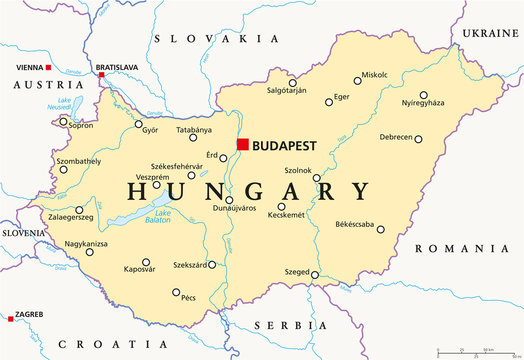 Hungary political map with capital Budapest, national borders, important cities, rivers and lakes. English labeling and scaling. Illustration.