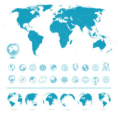 Fototapeta na wymiar World Map, Globes Icons and Symbols - Illustration.