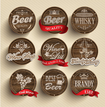 Set of wooden casks with alcohol drinks emblems - vector illustration.