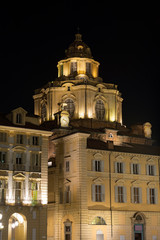 Church of San Lorenzo by Night - Turin Italy / Detail of the Real Chiesa di San Lorenzo (St. Lawrence Church) in Piazza Castello, Turin (Torino) Piemonte, Italy. UNESCO world heritage site