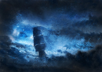 sailboat in night storm