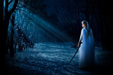 Elven girl with sword in night forest