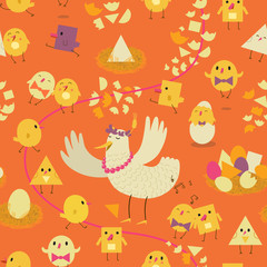 Colorful seamless pattern with the stylized hen, chicken and eggs. Childrens illustration