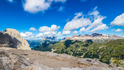 panoramic view of the groups of Sella and Langkofel, massifs in