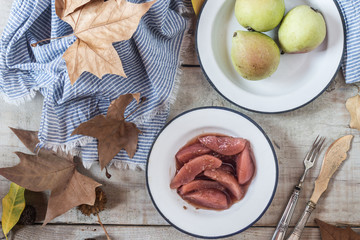 Poached pears with brandy sauce