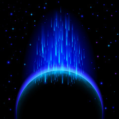 Dark planet with star shower
