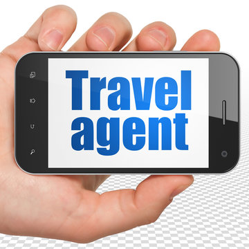 Travel concept: Hand Holding Smartphone with Travel Agent
