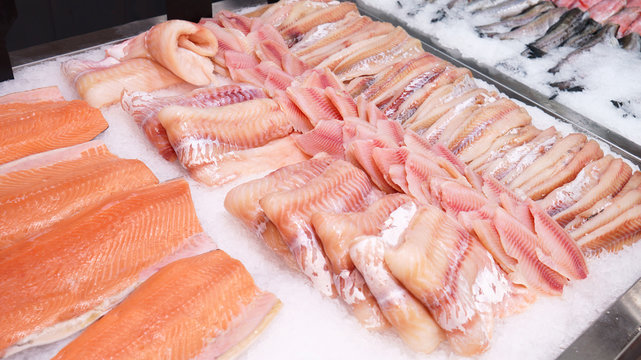 Seafood counter display of fish.